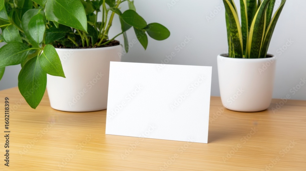 Fototapeta premium Blank Card on Wooden Table Surrounded by Green Potted Plants