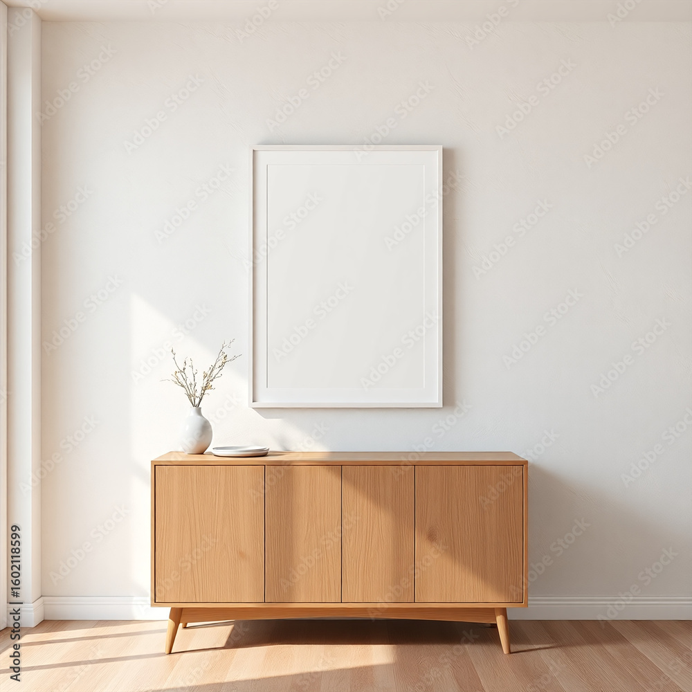 Fototapeta premium frame mockup blank wall art mockup in dining room showcasing minimalist design with textured pastel walls mid-century modern aesthetic perfect for home decor and interior design projects 3d rendering