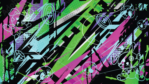 Photos Neon Graffiti Pop Art Vector Background with Cute Characters