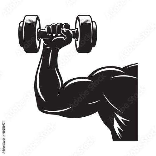 Strong arm lifting dumbbell in black and white style
