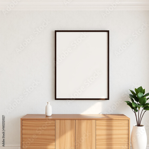 frame mockup for wall art in a pastel toned dining room with mid-century modern design featuring a textured plaster wall showcasing a decorative buffet display in ISO A2 landscape format