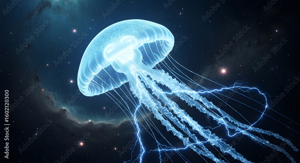 Obraz premium Bioluminescent Jellyfish in Cosmic Nebula