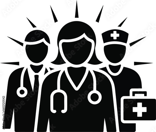 Prominent Medical Team Glyph Icon. Doctors, Nurses, and Healthcare Professionals Vector Symbol