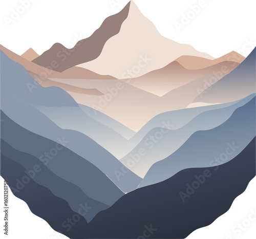 A serene vector illustration of layered mountain ranges receding into the distance with misty valleys and a muted color palette