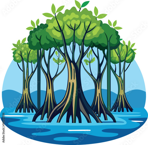 A vibrant vector illustration of a lush green mangrove forest with intricate prop root systems standing in calm blue water