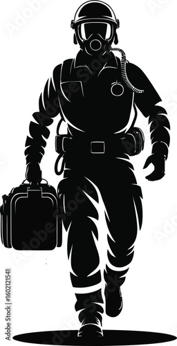 Hazmat Suit Worker with Respirator and Medical Kit, Chemical Safety Expert, Contamination Control Professional