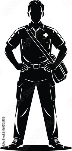 Paramedic Silhouette with Medical Bag, Emergency Responder Icon, First Aid Worker Vector, EMS Professional Logo