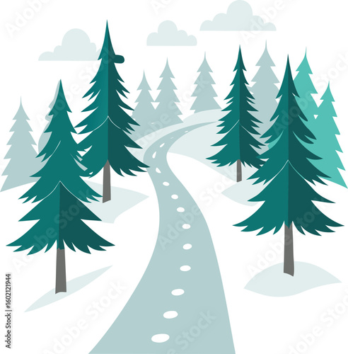 A tranquil winter journey on a winding snowy path with footprints through a peaceful teal evergreen forest.