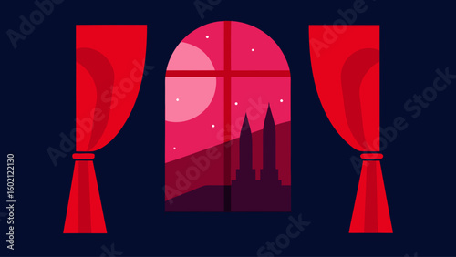 palace window view red curtains moonlit garden night