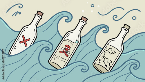 Three message bottles with symbols floating on ocean waves