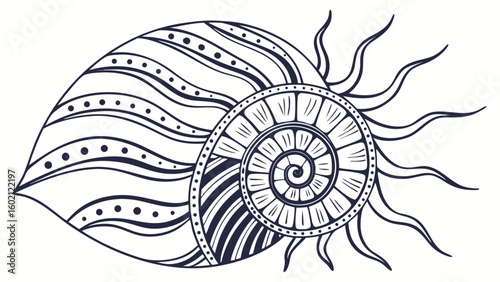 Decorative nautilus shell with sun rays and tribal patterns