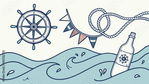 Nautical theme with ship wheel rope flags and message in a bottle