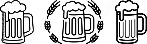Beer Mug Icons Set with Hops and Wheat, Craft Beer Symbols, Brewery and Pub Line Art Collection