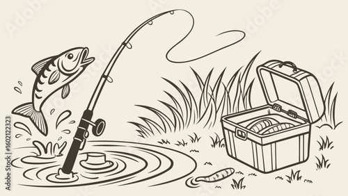 Cartoon illustration of a fish jumping out of the water while being caught by a fishing rod