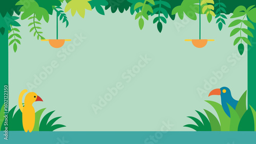 Stylized jungle canopy with hanging vines and toucan