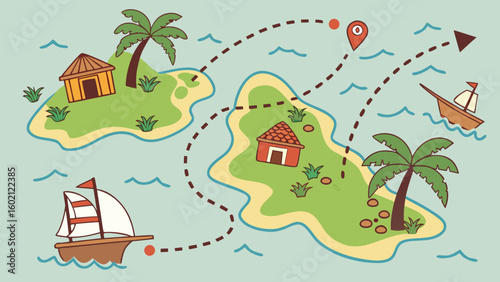 Cartoon treasure map with islands ships and palm trees