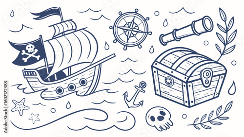 Pirate ship sailing with treasure chest compass spyglass and skull