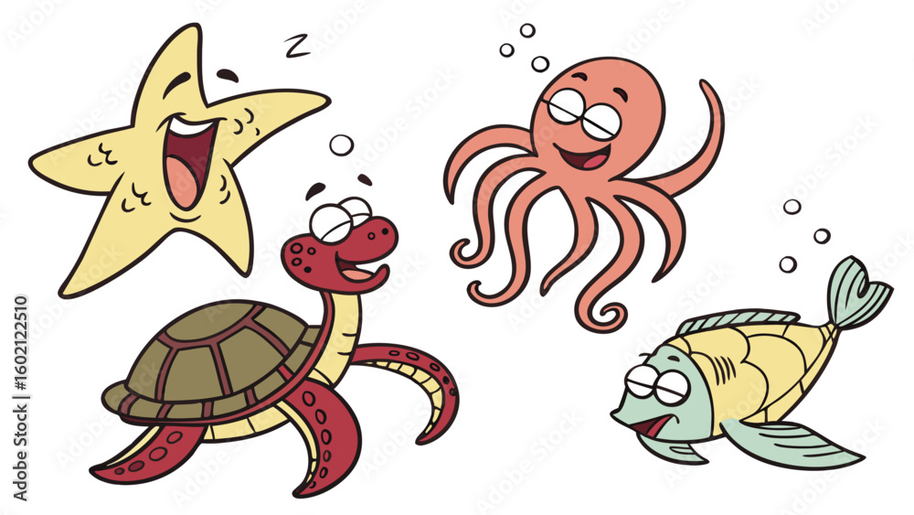 Naklejka premium Cute cartoon sea creatures including a starfish turtle octopus and fish