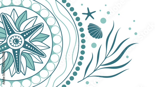 Oceanic mandala with starfish seashell and seaweed elements