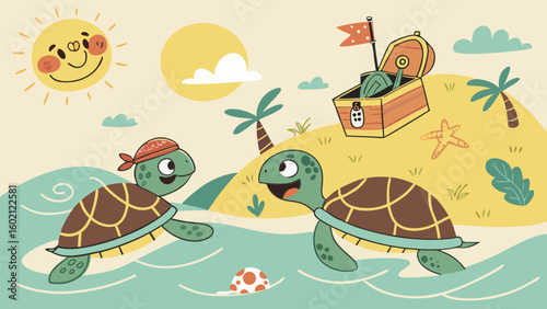 Two cute cartoon turtles swimming in the ocean near a treasure chest on a tropical island