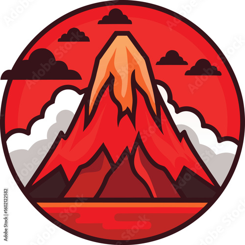 Stylized illustration of a powerful volcanic eruption with molten lava, set within a red circular badge design