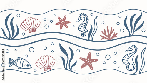 Cute cartoon seahorse fish seashell and starfish under the sea