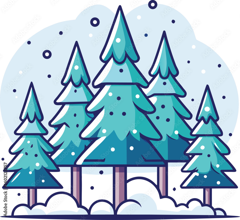Obraz premium Stylized vector illustration of a serene winter landscape, showcasing a snowy evergreen forest with falling snow.