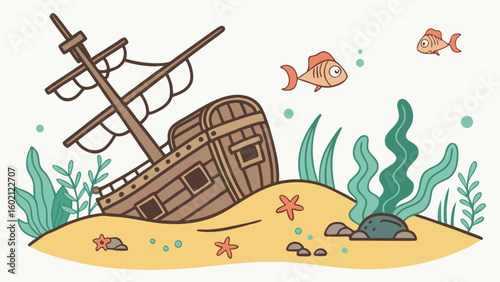 Cartoon shipwreck on sandy seabed with fish and seaweed