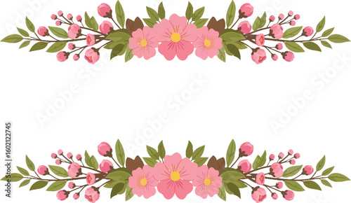 Pink floral border vector design element for wedding invitation and greeting card decoration usage