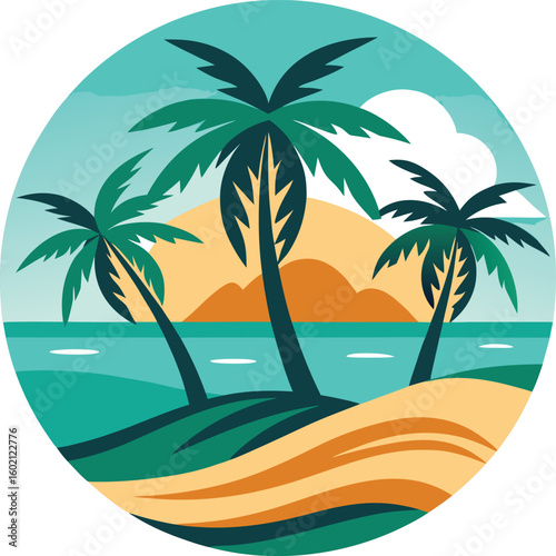 Stylized circular vector art of a serene tropical island paradise with palm trees, ocean waves, and a golden sun.