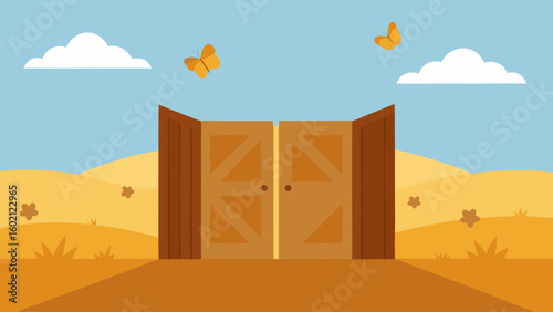 open barn doors sunlit field haystack rural countryside