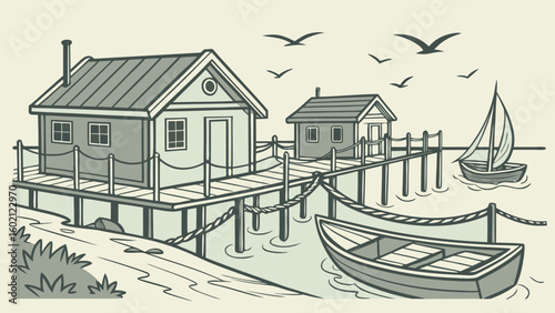 Coastal scene with wooden pier fishing huts rowboat and sailboat