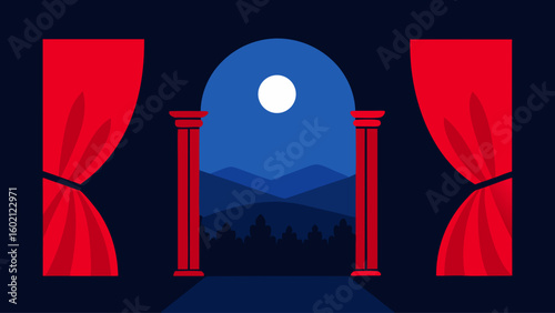 palace window view red curtains moonlit garden night