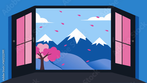 open window view mountain peaks cherry blossom spring