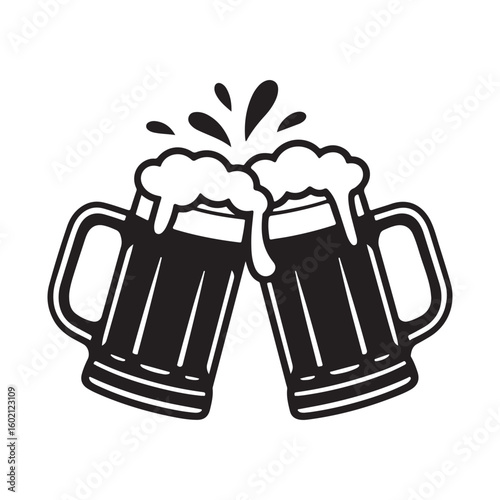 Two beer mugs toasting black and white vector