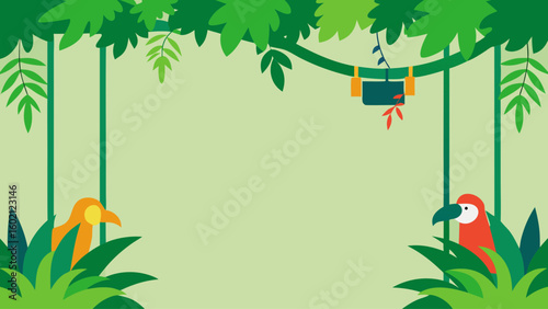 Stylized jungle canopy with hanging vines and toucan