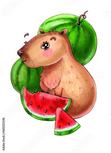 Cartoon capybara with watermelon and green summer background