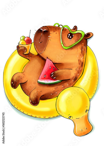 Cute capybara on inflatable duck float with watermelon and ice cream