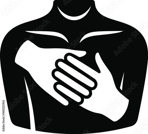 Chest Pain or Heart Attack Symptom Icon.Hands on Chest for Angina or Cardiac Arrest Medical Alert