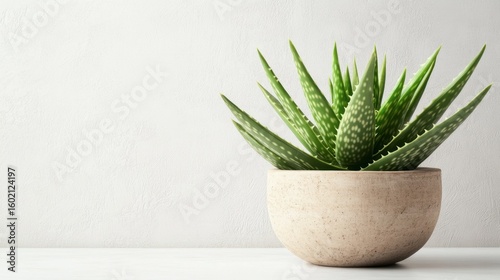 Fresh Aloe Vera Plant in Natural Pot on White Table Background