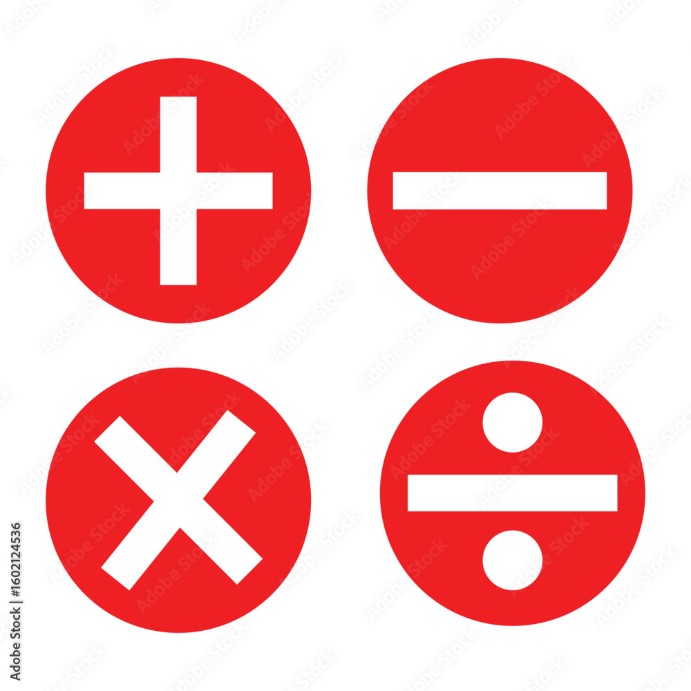 Basic mathematical symbol. Plus, minus, multiply, divide icon set. Plus and minus icon set. Math symbol. Plus icon, Minus icon, Multiply icon, Divide icon Basic mathematical symbol. Plus, minus, multiply, divide icon set. Plus and minus icon set. Math symbol. Plus icon, Minus icon, Multiply icon, Divide icon