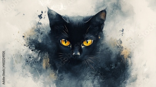 Close-up portrait of a black cat with striking yellow eyes.