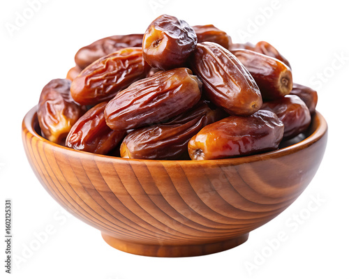 Pile of ripe dried dates in a wooden bowl with a textured surface isolated on a transparent background