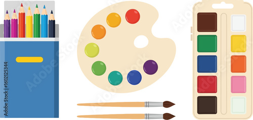 Painting supplies art set vector illustration with colored pencils palette and watercolor paints