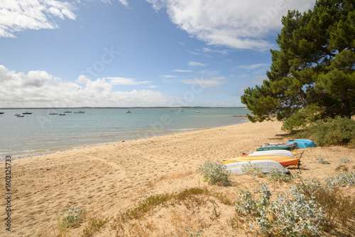 Fotografía plage ensoleillée au sud de l'ile d'oleron en France avec bateaux colorés sur le