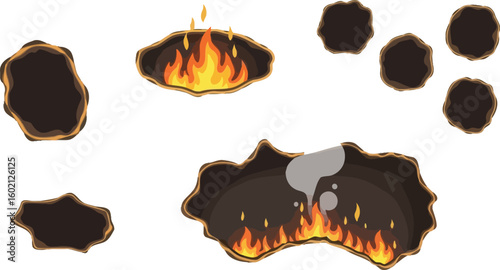 Burnt hole vector illustration set with fire and smoke effects for graphic design elements use case