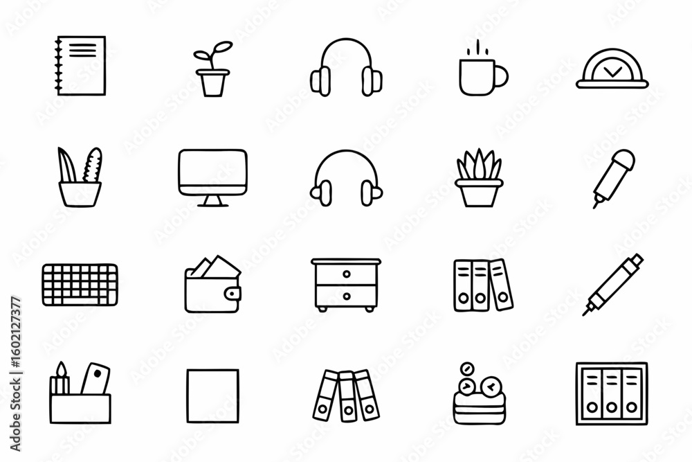Fototapeta premium A charming set of daily desk items and surroundings turned into clean, continuous-line illustrations. Perfect for office wall prints, stationery, and workspace organization. 