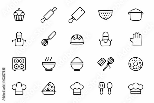A charming line art set focused on baking essentials and cozy kitchen vibes. Perfect for bakeries, baking class materials, and warm recipe cards.
