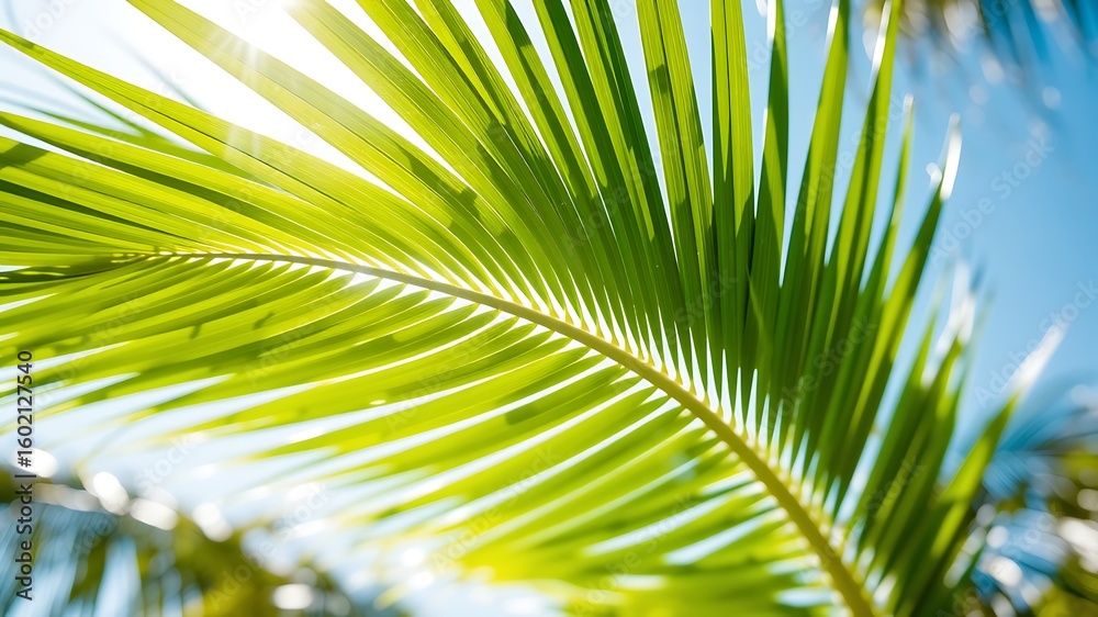 Obraz premium Photo of sunlight streams through a vibrant green palm leaf against a clear blue sky