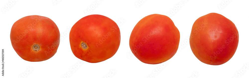 Obraz premium Whole tomato with multiple sliced pieces isolated on white background